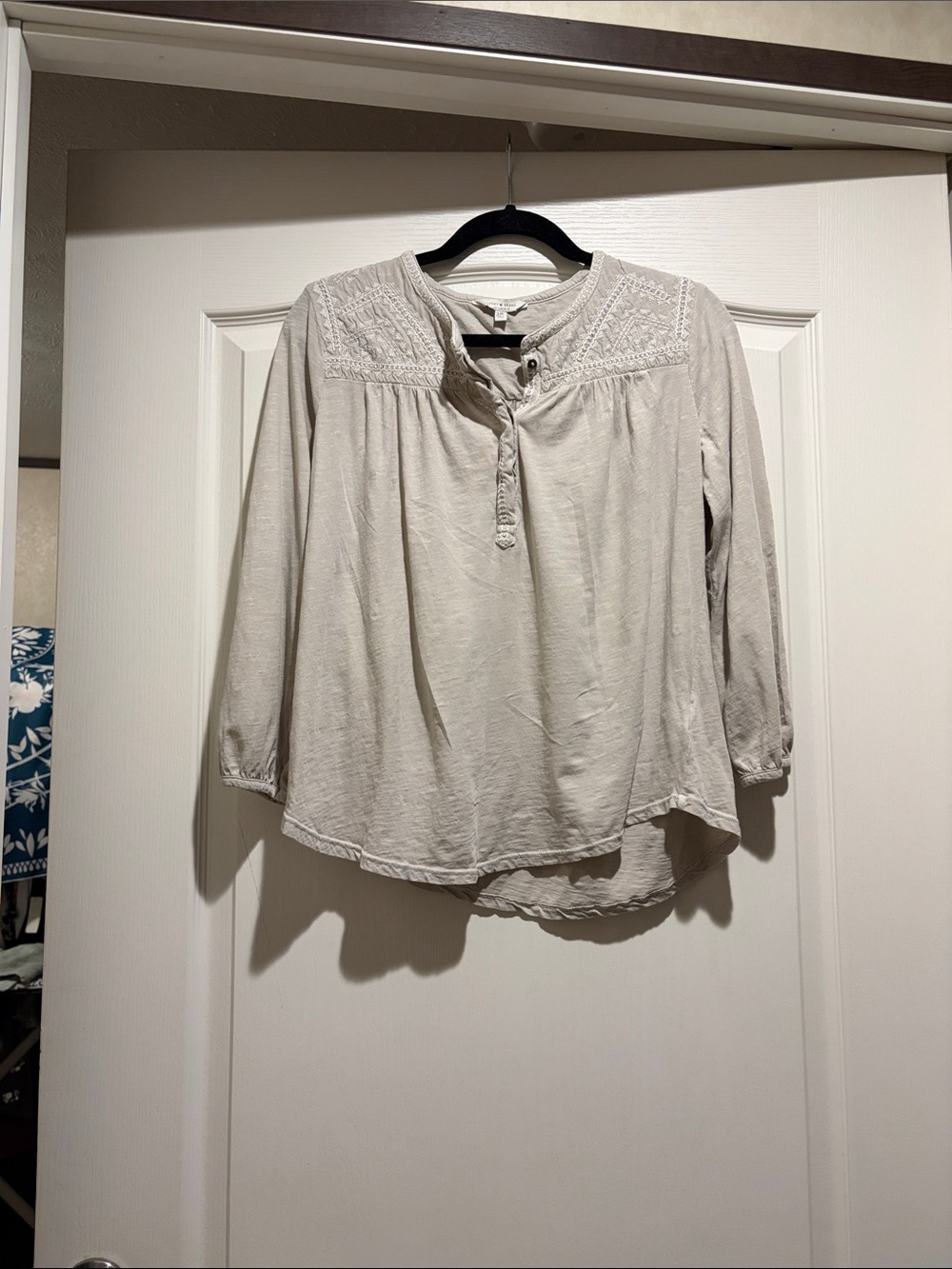Lucky Brand Light Beige Embroidered Peasant Blouse